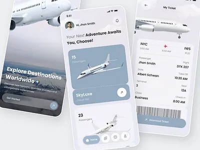 Flight Booking App UI – Travel, Tickets & Boarding Pass airplane aviation boarding pass booking mobile app figma designer flight app flight booking flight booking app flight ticket ios app designer mobile mobile app mvp app design online booking app ticket app ticket booking travel app