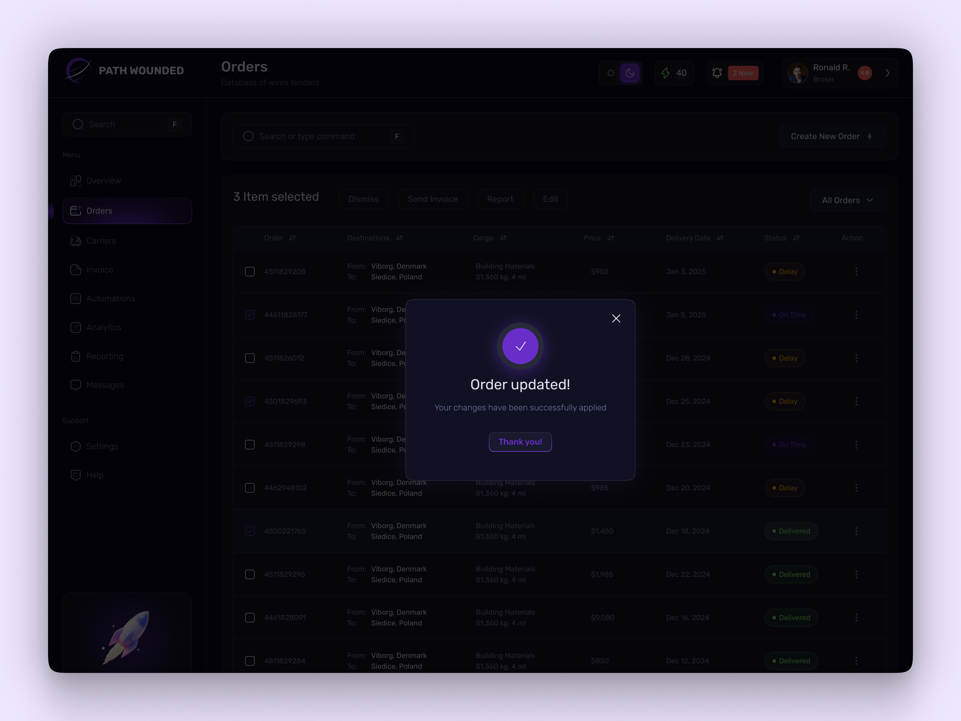 Modern Logistics Management SaaS Dashboard - UI/UX Design clean dark dashboard designer logistic logistics management minimal modal order pop up saas modal shasanko creations shipping startup transport transportation ui ux design web design webapp
