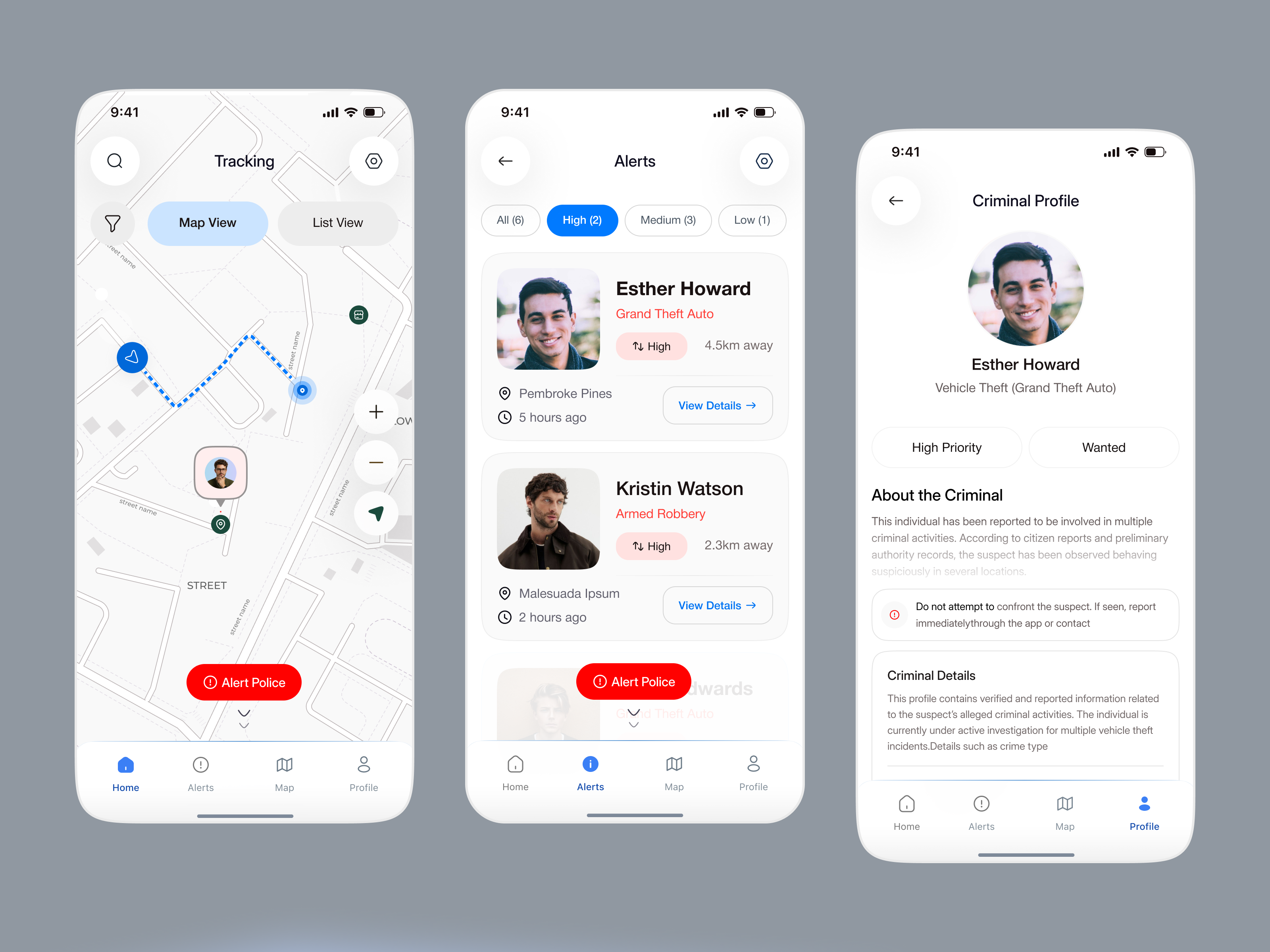 Criminal Alert App alert system crime alert criminal alert app location tracking map interface mobile mobile app police app product design public safety security app tracking app ui ux design