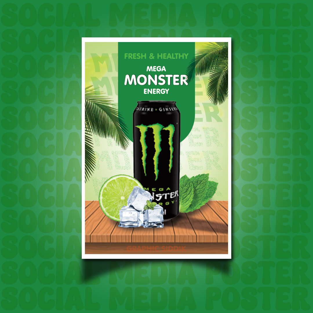 Monster Energy Drink – Product Advertising Poster advertising poster behance portfolio beverage branding creative design creative poster dribbble shots drink mockup energy drink design graphic design monster energy packaging design product branding product poster product visual tropical poster visual design