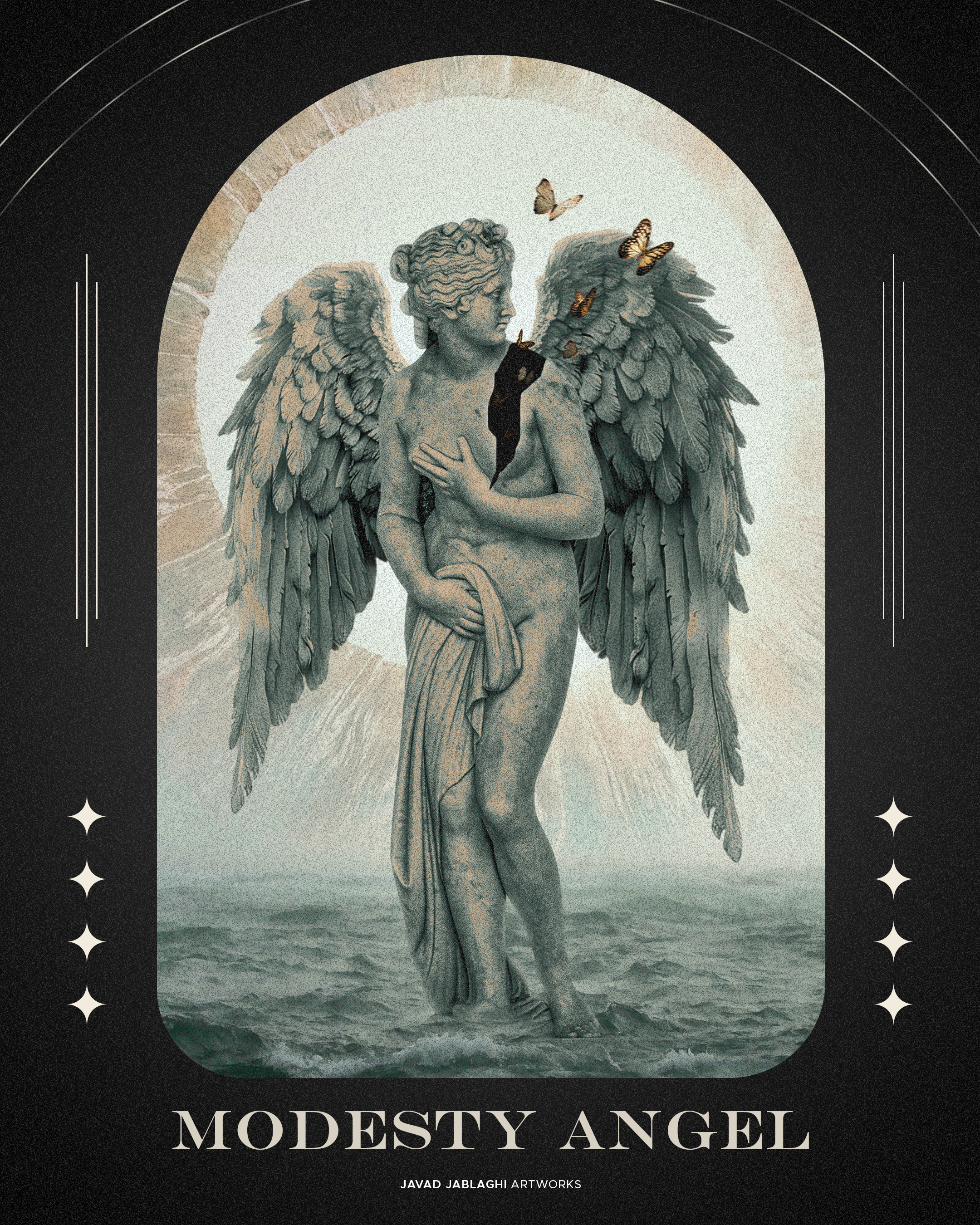 Modesty Angel angel design digital paint edit graphic design illustration javad jablaghi ocean painting photomontage poster spritual sun