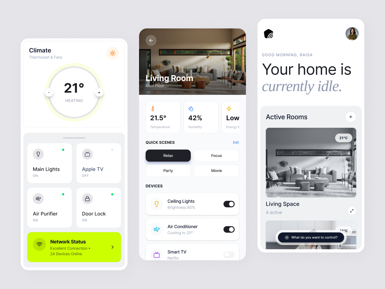 AI Smart Home Dashboard - Mobile App UI app design clean control panel dashboard figma home automation interface ios design iot minimalist mobile ui smart home smart house technology thermostat user experience. uxui