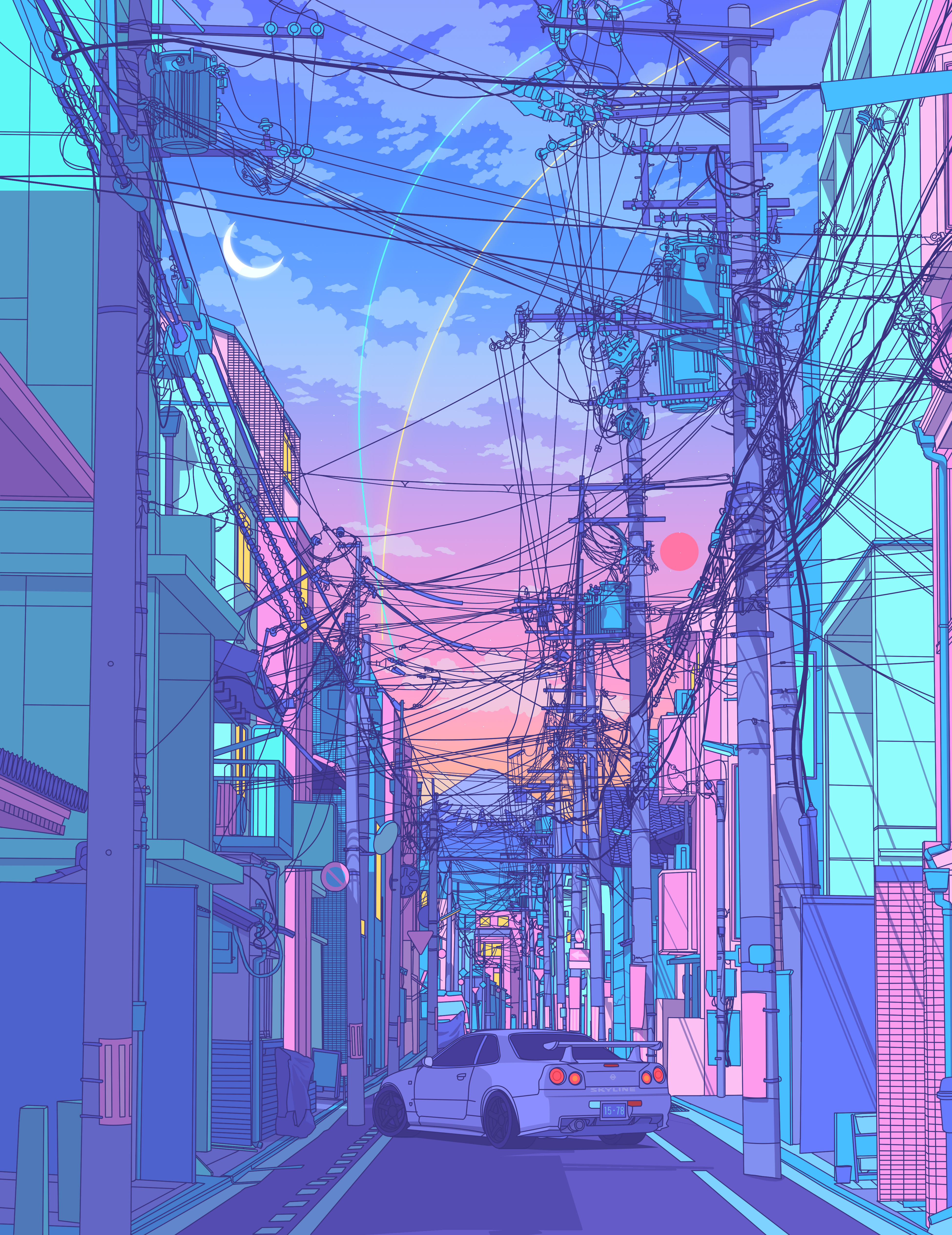 Sunset in Alley cars illustration japan japanese jdm lofi lofi art retrowave vaporwave
