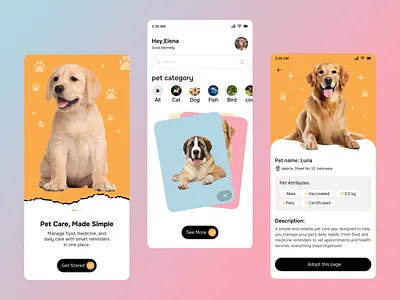 Pet Care App UI animal care app interface design card based design cat app ui clean ui dog app design dribbble shot figma design friendly ui mobile app ui modern mobile design pastel ui pet adoption app pet care app pet management pet profile product design ui ux design user experience veterinary app