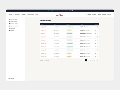 Orders History Page ✦ UI/UX Design ✦ DTLA Print account account details account settings dashboard e commerce order order history orders orders history profile settings shipping address table tables ui uiux ux web design webdesign website design