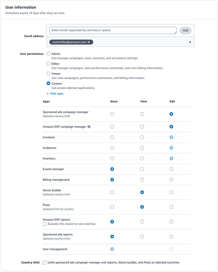 Advertiser account invitation page UI with numbered anatomy markers