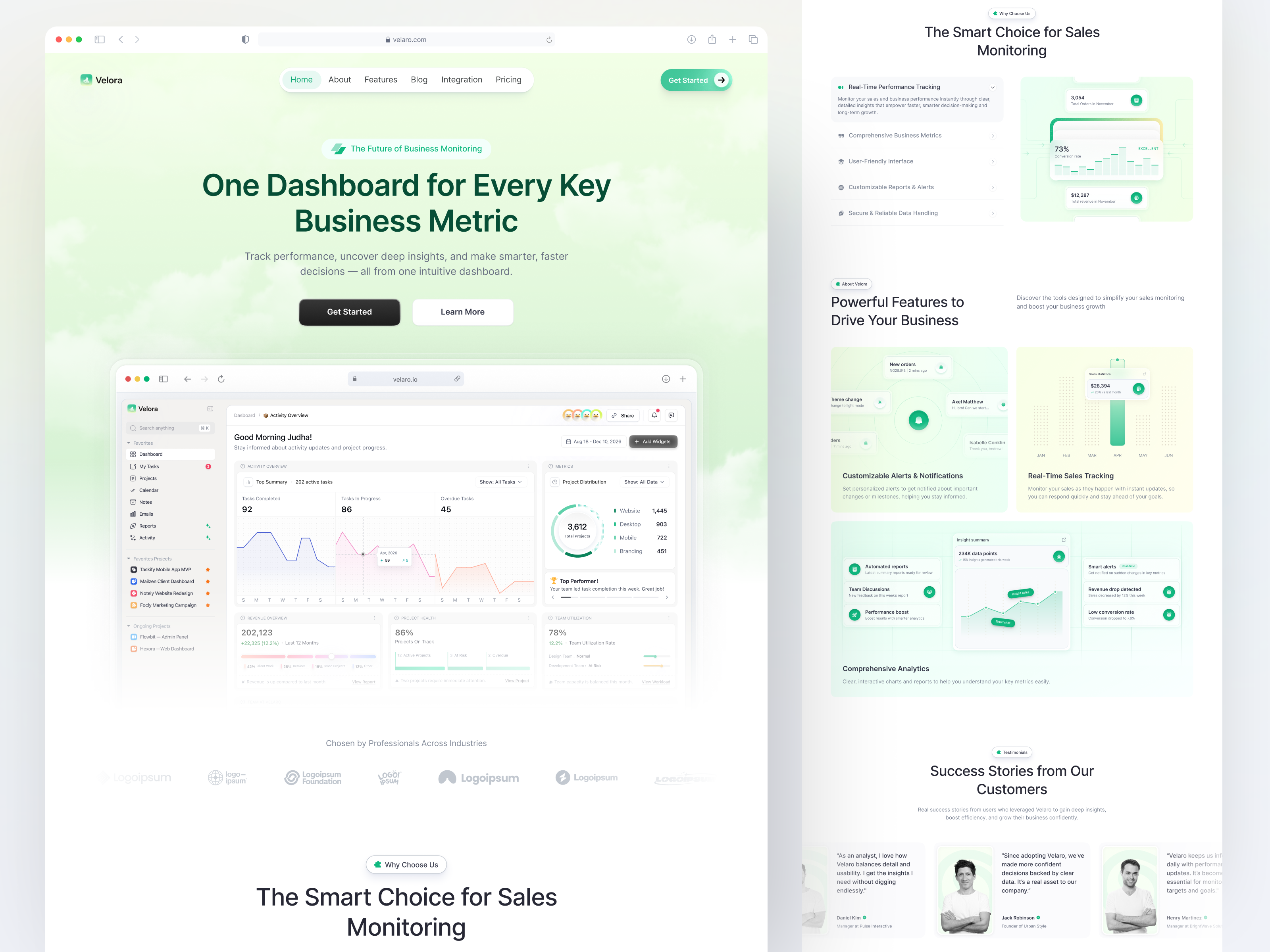 Velaro - Sales Monitoring Landing Page analytics automation b2b business metric minimalism sales track tracking ui uiux ux web design
