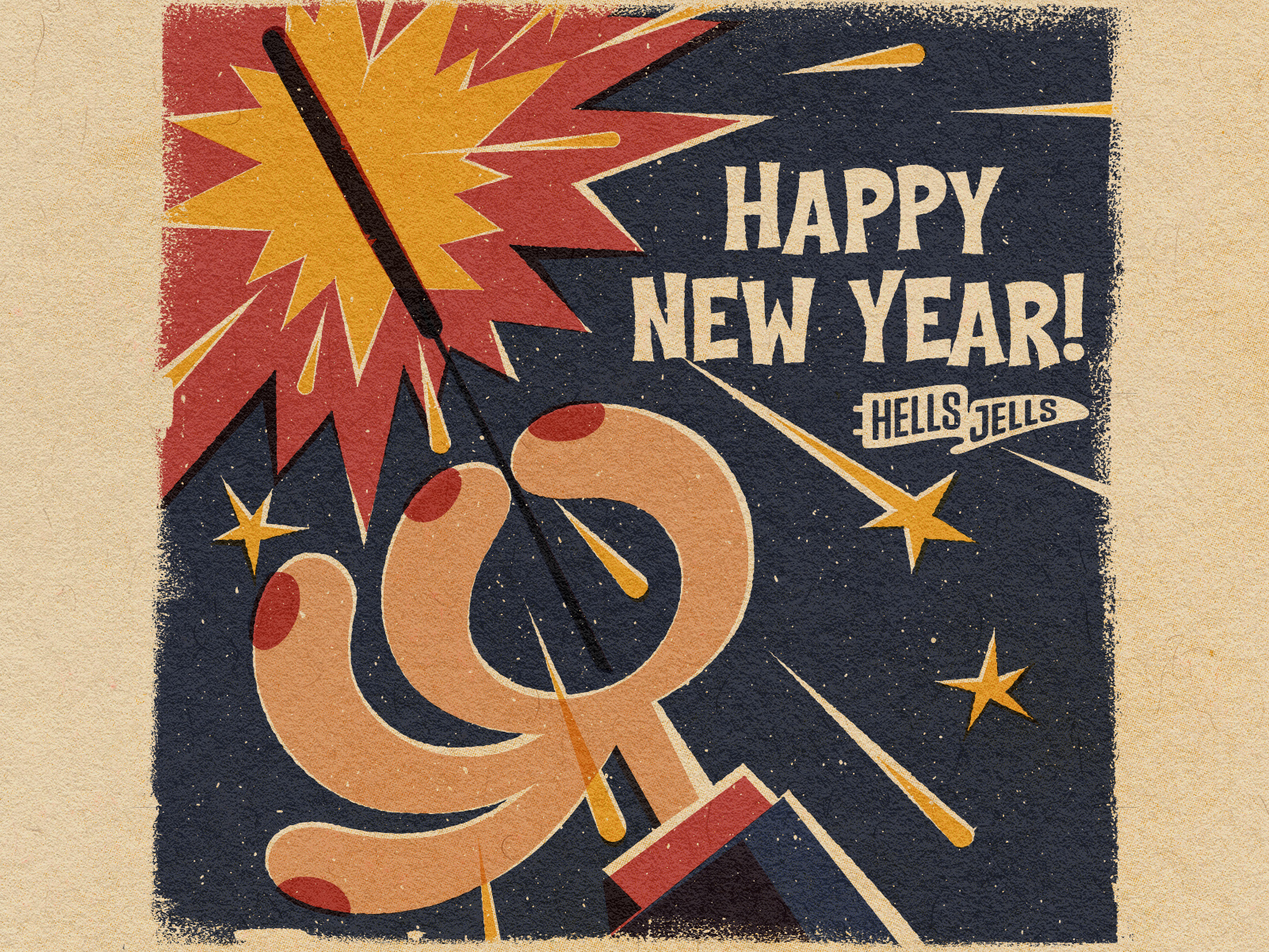 Happy New Year 2026 from Hellsjells 2026 fingers hand happy2026 hellsjells holiday illustration light lighting mid century new years wishes paper retro sparkles textured vintage
