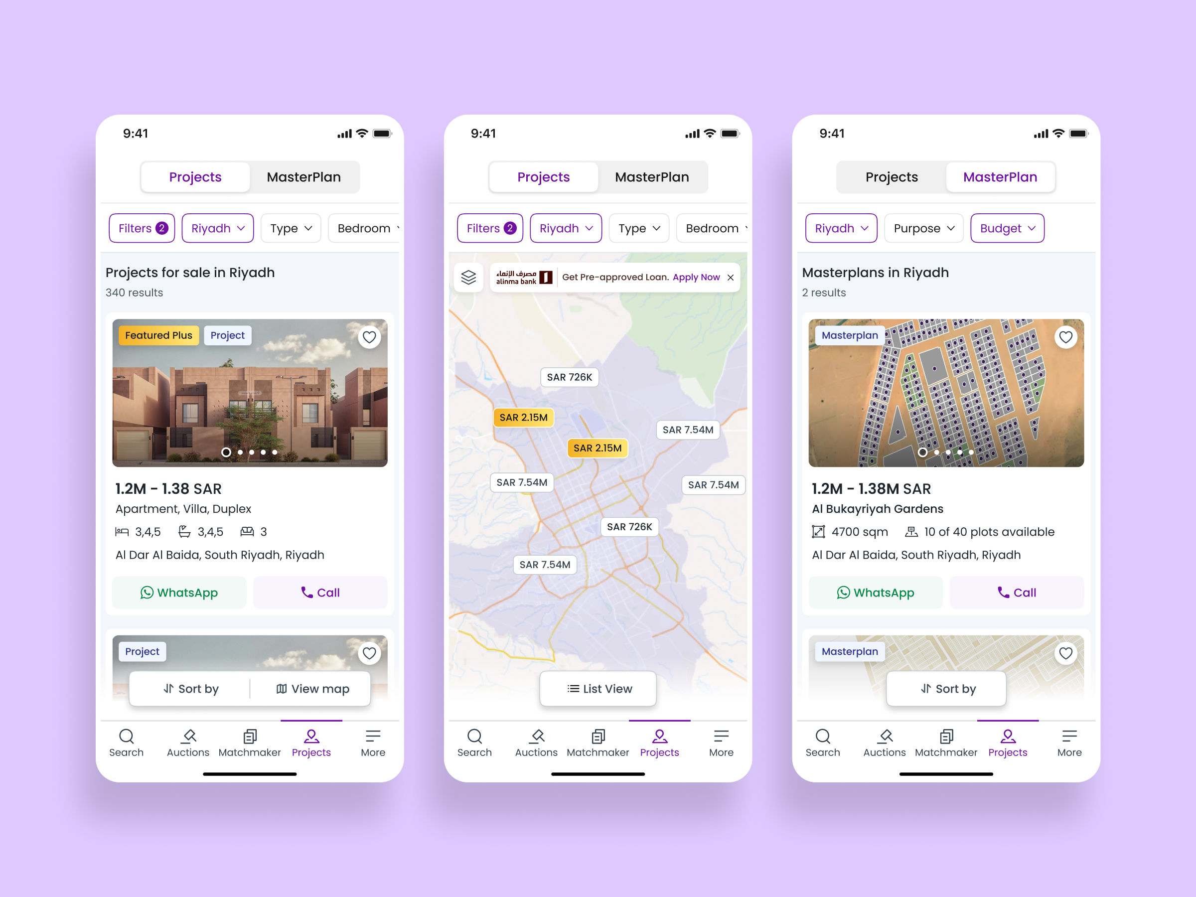 Property Search Experience - Cards, Map View & Smart Filters appdesign appview bedroom bottomnavigation chips filter mapchips mapview masterplan projects property propertycard propertysearch realestateapp selectedstate sortby