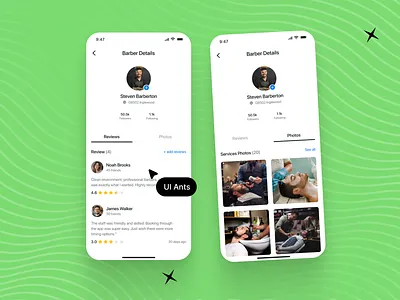 Barber App-Barber Details UI aboutbarber androidui barberapp barberdeatils barberprofile iosui mobileui modernui profileui salonapp serviceapp ui ux