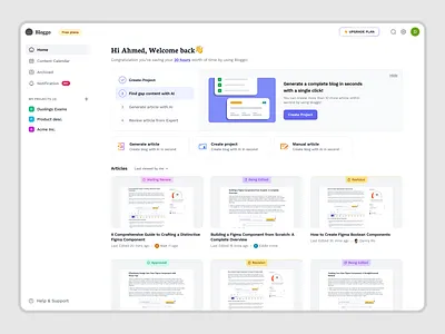 Bloggo — Dashboard for SaaS AI Blog Automation Platform ai ai platform articles blog content creation content management dashboard homepage product design saas saas design saas product seo tools site builder ui ux web app web builder web design