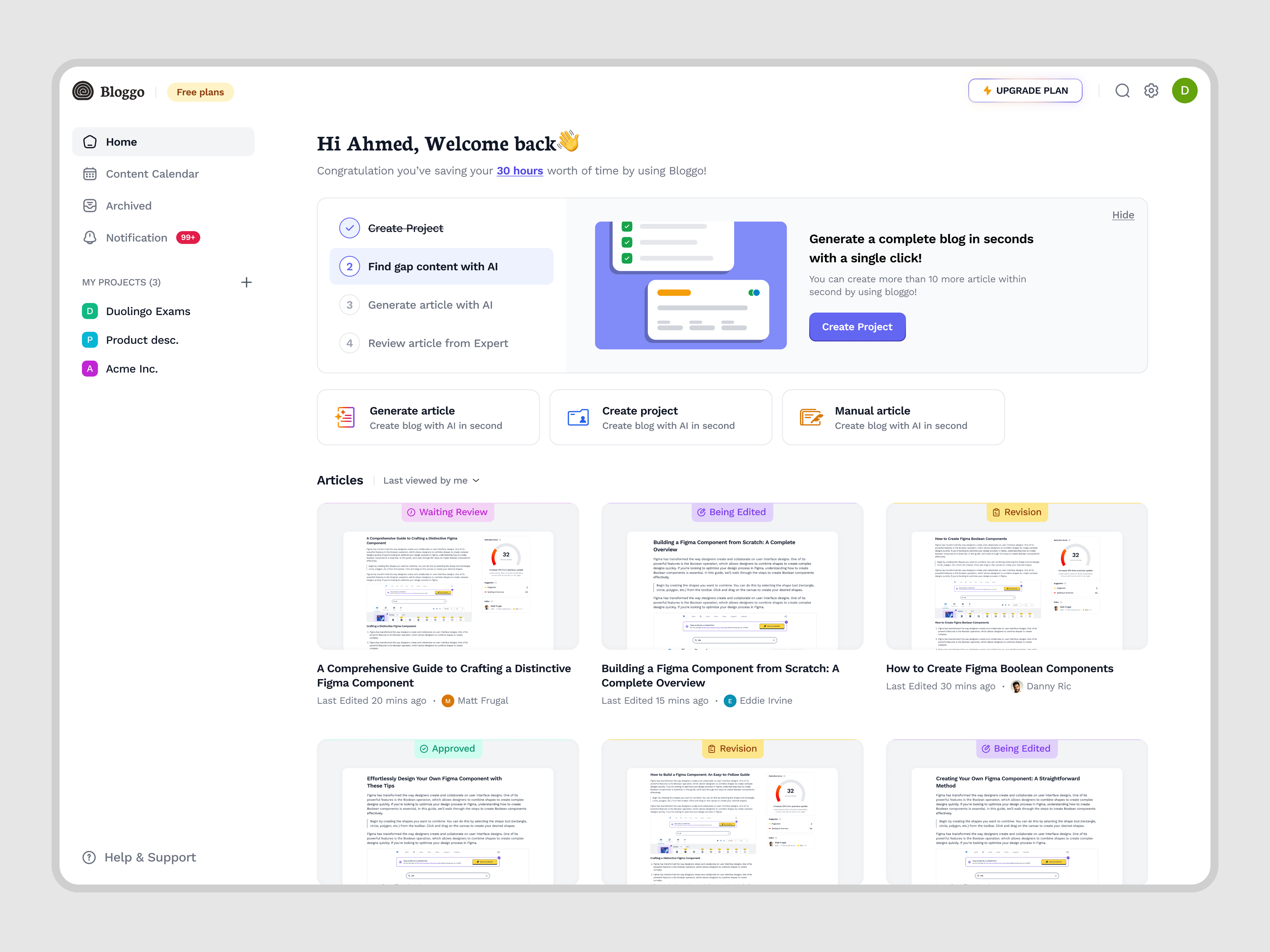 Example of Bloggo — Dashboard for SaaS AI Blog Automation Platform