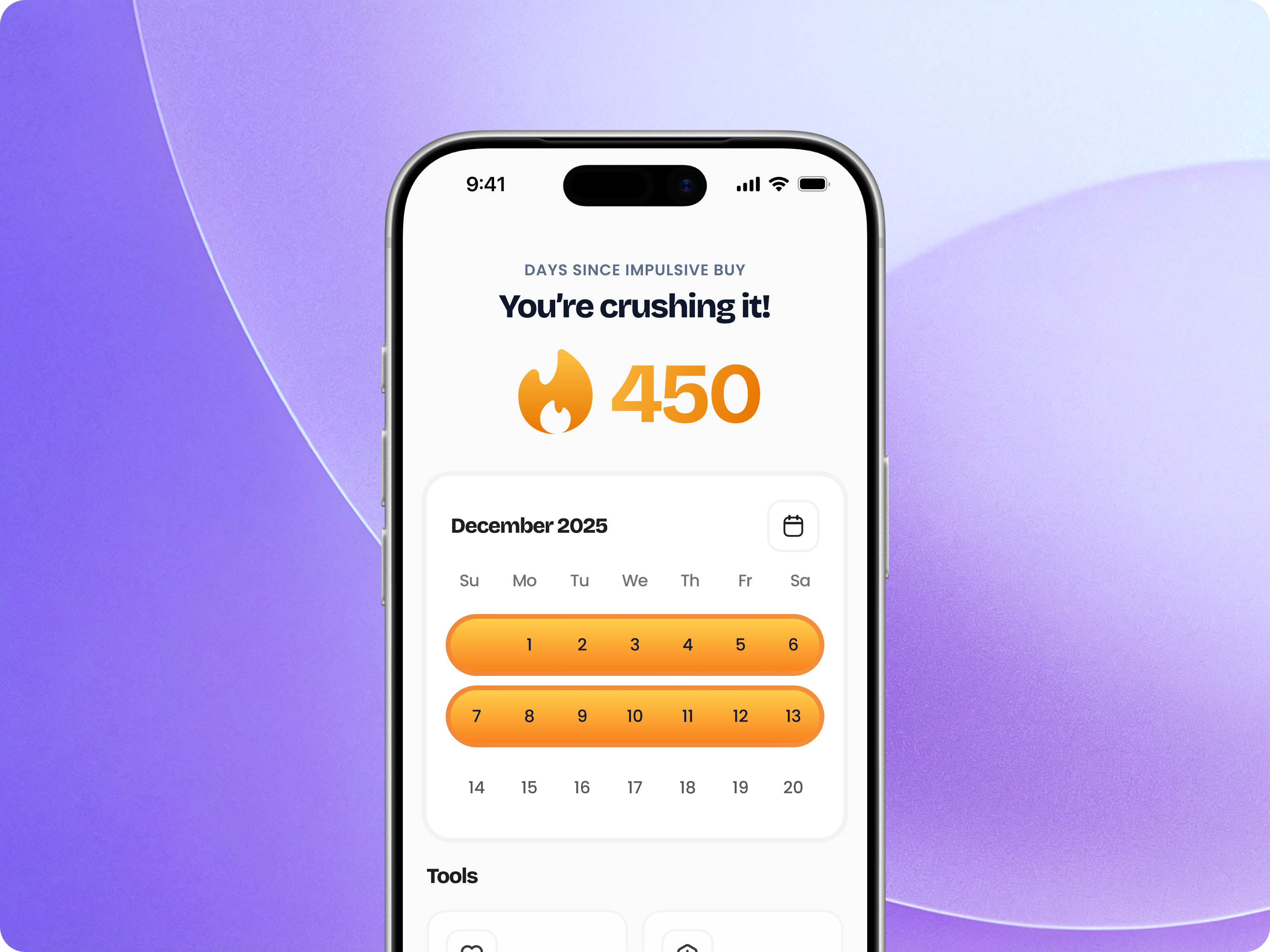 Impulse Buying Control Tracker — Habit Progress Tracking, Streak calendar clean design gradients impulsive motivating motivation progress streak tracker ui ux