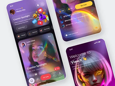 Live Streaming & Creator Spotlight App Design app concept app interface content creators creator app digital art entertainment app fan engagement futuristic ui gen z glassmorphism ios app design live chat live streaming mobile neon gradient next gen app real time interaction social media app streaming app video streaming