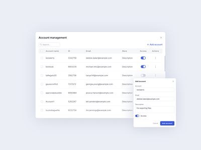 Account management components account account management add account app contact management crm dashboard design figma modal product product design saas table table view ui ui kit uiux ux web