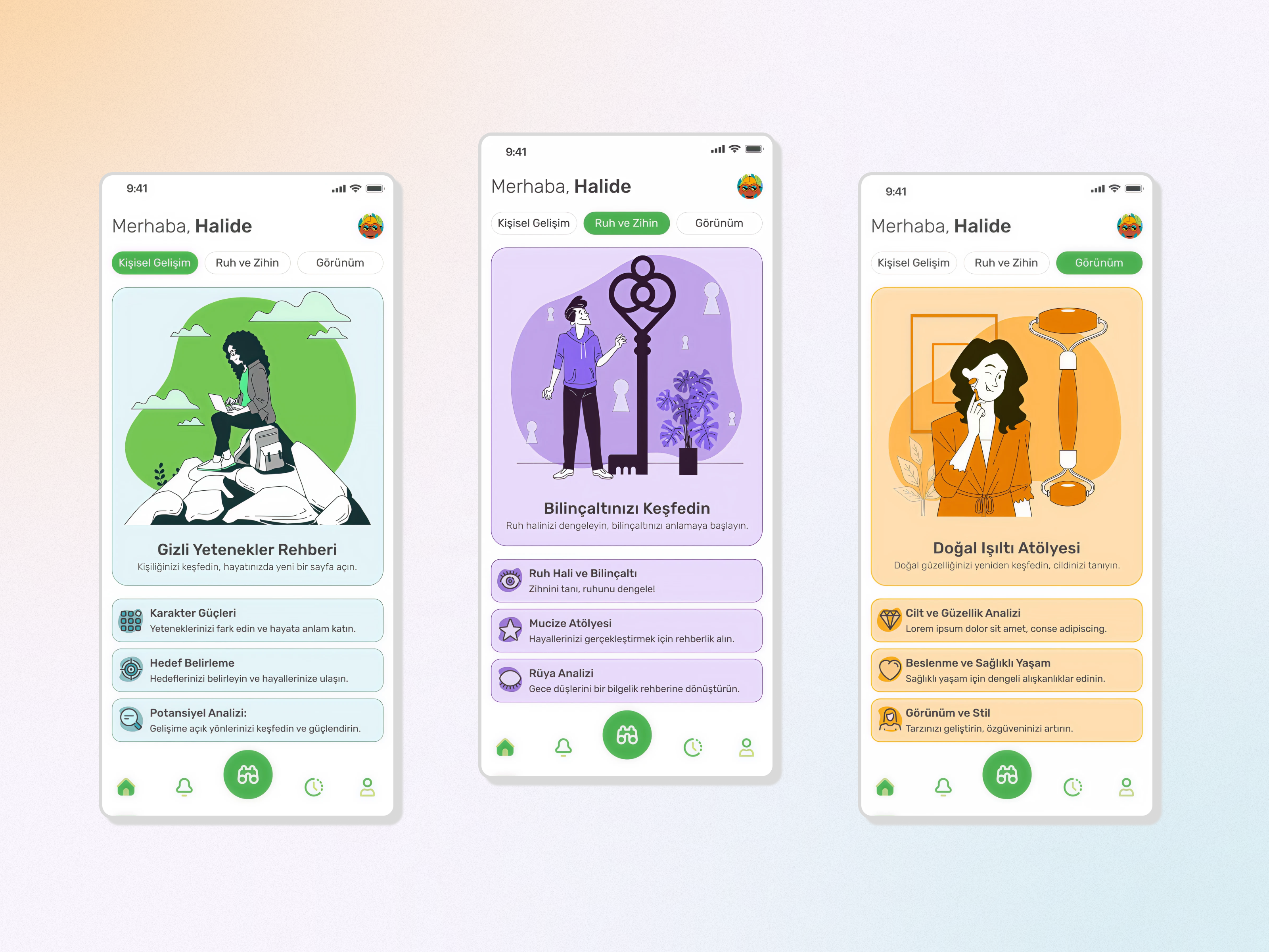 Facenomi: Self Discovery & Wellness Mobile App UI app design design illustration interface mindfulness mobile app pastel personal growth product design self care skincare ui ui design ux ux design visual design wellbeing