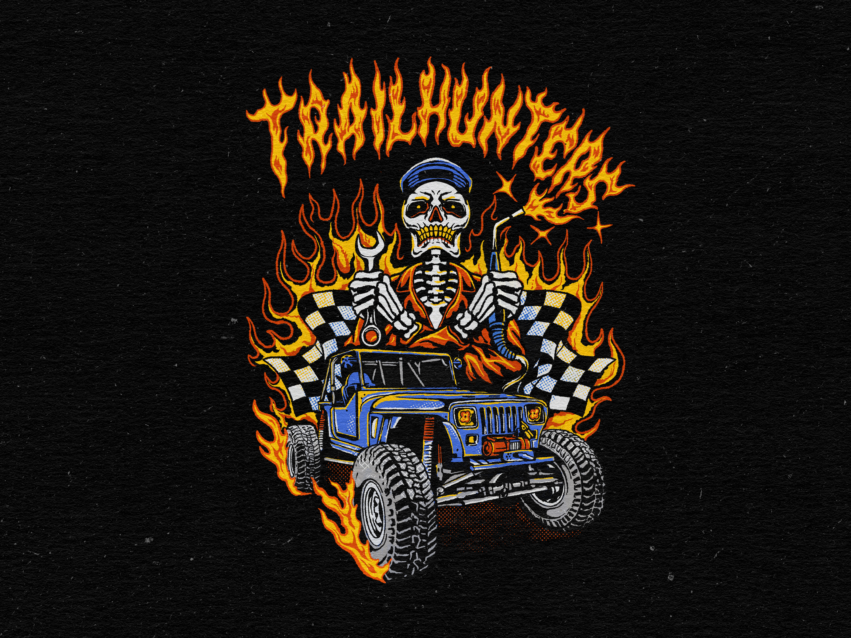 Trailhunters - Illustration for Skilline Design Co. apparel artwork automotive boldart branding characterdesign design graphic design hotrod illustration mechanic merchandise offroad punkart skullart t shirt vintage vintageillustration welding fire