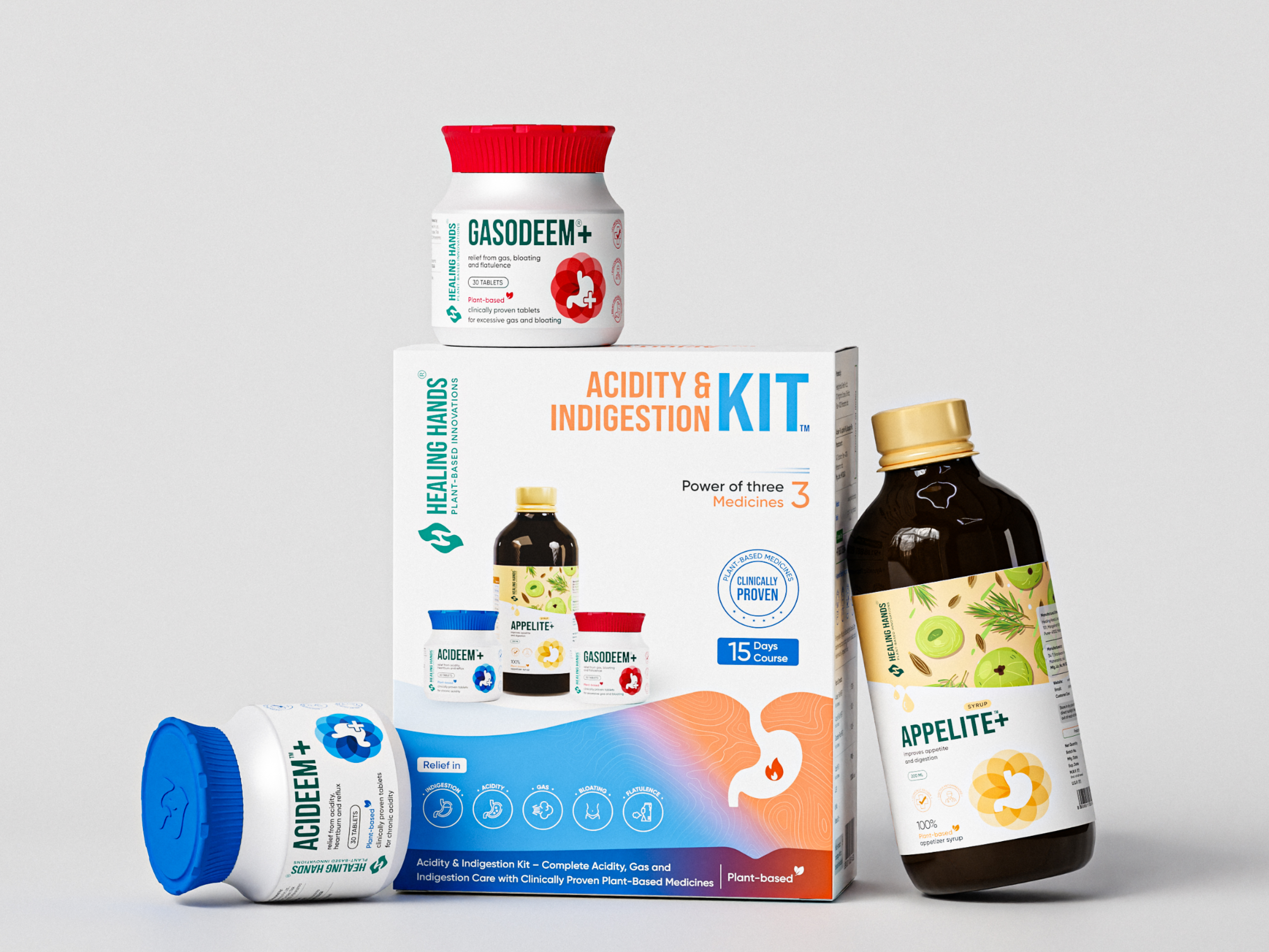 Healing Hands -3D Product Visualization of Acidity & Indigestion 3d 3d design 3d modeling 3d render acidity kit bottle design healthcare indigestion kit kit label designing medical medicine packaging design pharmaceutical product design product render product visualization