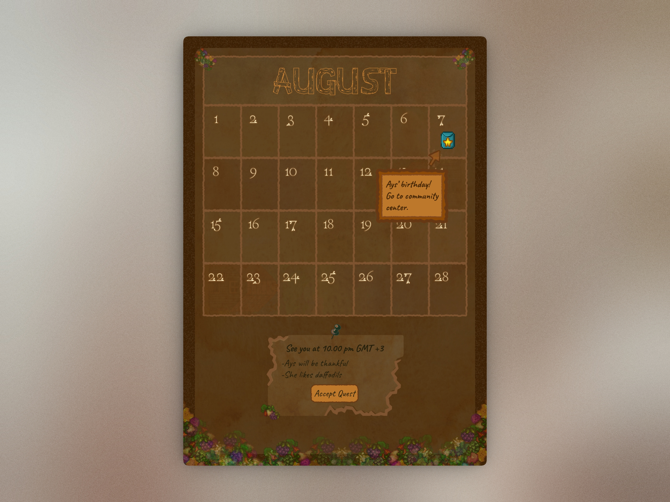 Stardew Valley Inspired Calendar calendar game design games graphic design pixel art rpg ui