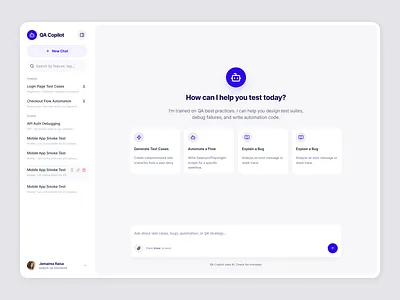 QA Copilot - AI Powered Testing Assistant App ai analysisapp automation chatbot dashboard dribbble figma productdesign qa qa analysis qa analyst qatool saas software analysis software qa testing ui ux webapp