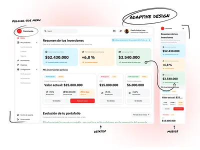 Davivienda . Investment Board adaptative banca banco branding card columns dashboard desktop graphic design menu mobiel resposive sidebar ui