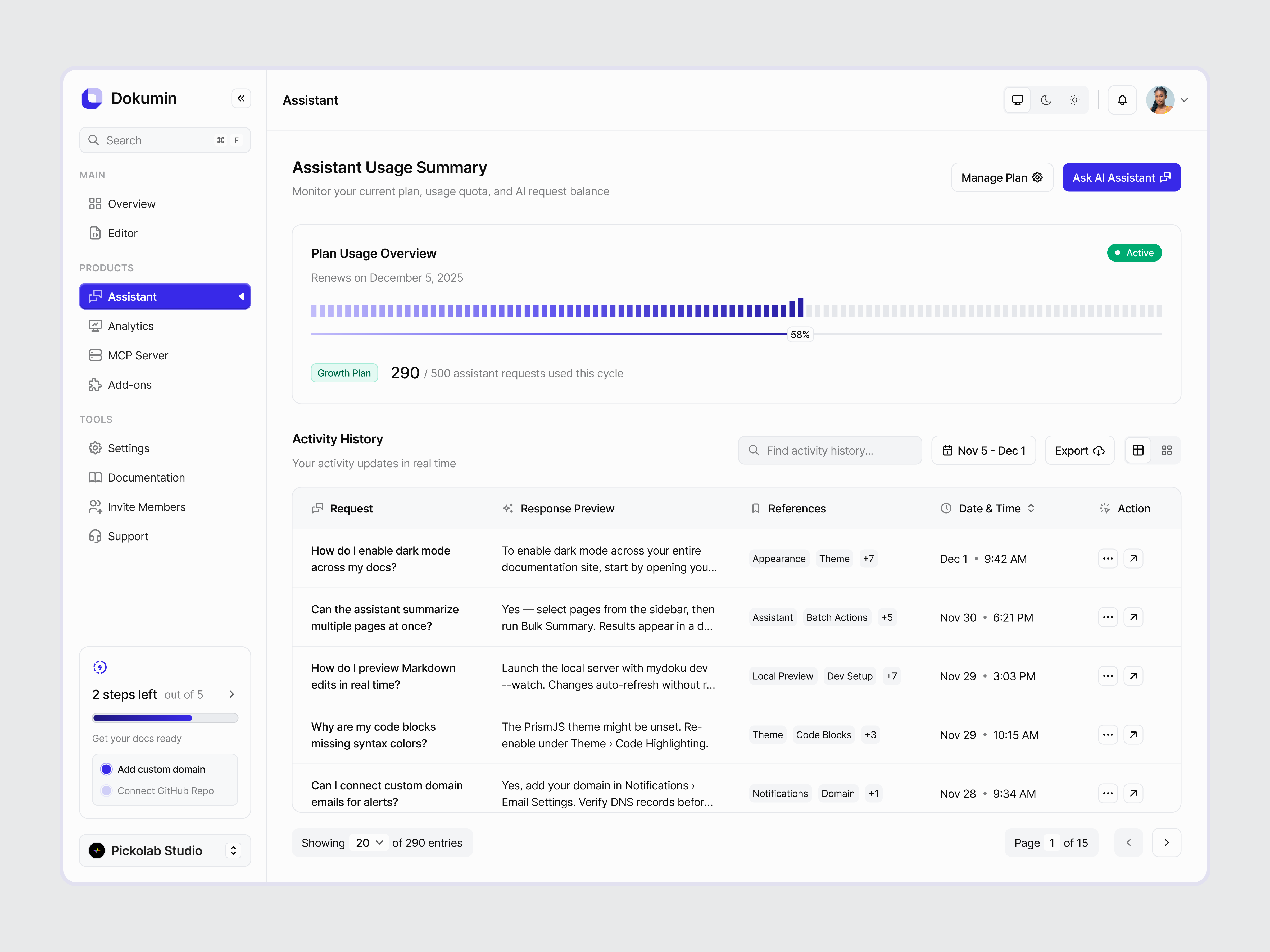 Document Intelligent Dashboard - Assistant Page ai ai assistant assistant dashboard design document document builder document dahsboard document editor document intelligent documentation minimal modern procedure sop text ui ui design ux design website
