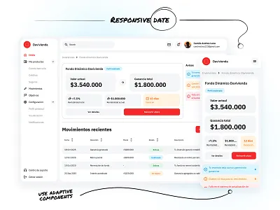 Davivienda . Investment Board branding buttom componentes dasboard data desktop figma graphic design header info logo menu migadepan red responsive rojo sidebard steps table ui