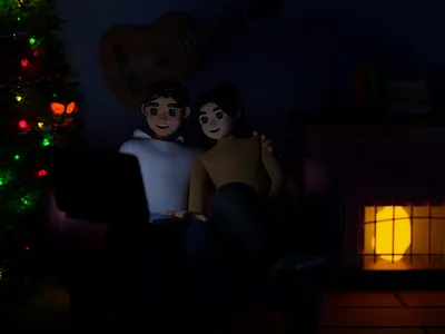 Cozy winter 3D scene — movie night at home 3d 3d character 3d illustration 3d scene blender character illustration christmas couple cozy fireplace home illustration movie night seasonal web illustration winter