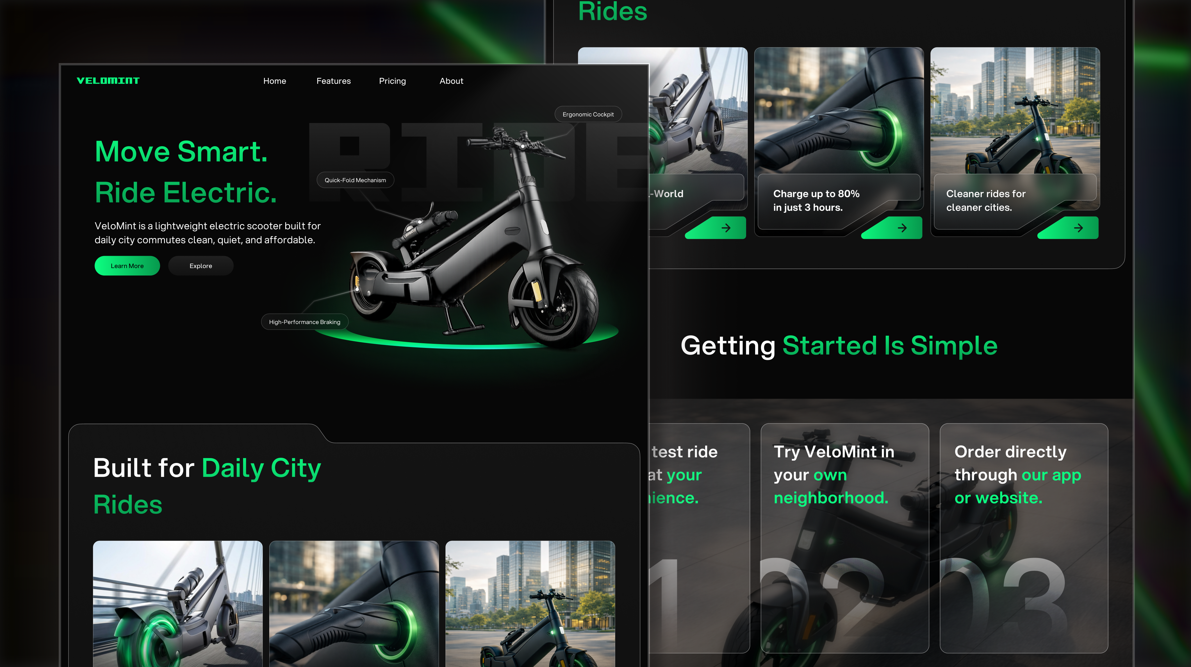 Website design for VeloMint. automotive bike branding car cars clean designs electirc ev framer graphic design green landing page mordern motion graphics scooter smart car technology ui website design