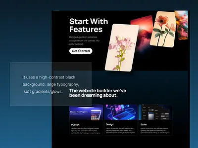 Dark SaaS Landing Page with Feature Cards. animation cta (call to action) dark mode glassmorphism landingpage modern product design saas typography ui uidesign ux webdesign website builder
