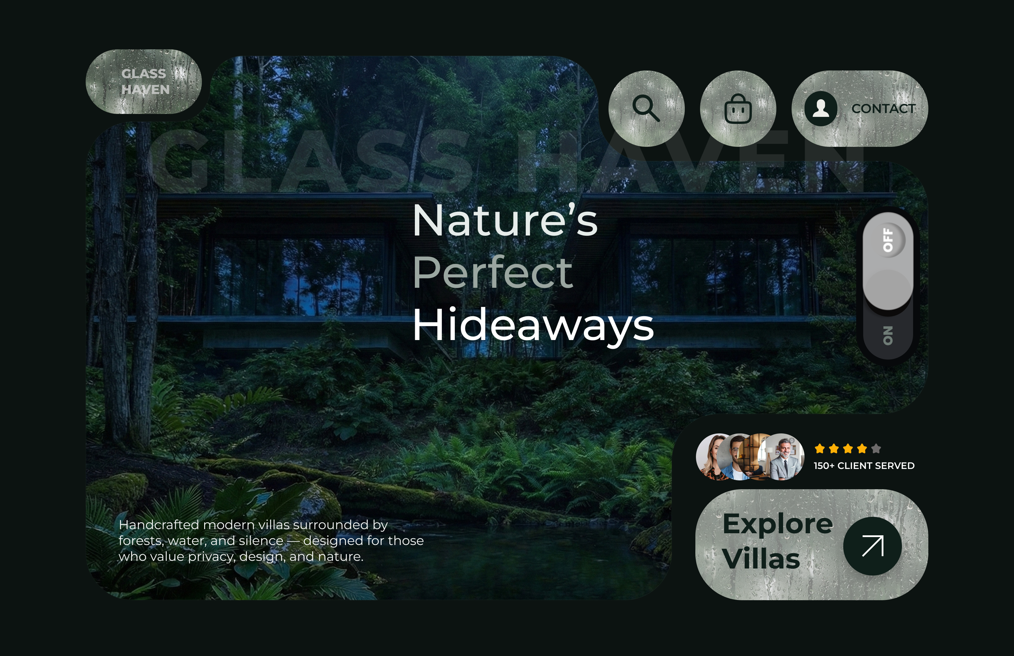 🏡 Glass Haven—Nature’s Perfect Hideaway animation dark theme dark ui design futuristic ui glassmorphism hero section landing page luxury ui modern architecture nature nature inspired design product design real estate real estate website ui ui design ux design visual design web design