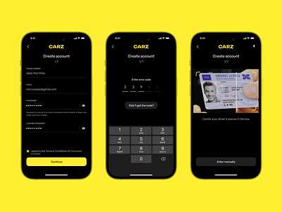 Carz. iOS App auto car cars create account design flat ios mobile registration scan sms code steps ui ux verification