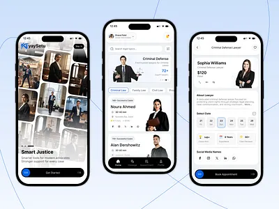 Smart Justice – Lawyer Finder Mobile App UI app ui appointment booking case management clean design criminal law design inspiration figma design ios app justice app lawyer app lawyer booking legal app legal services minimal ui mobile ui modern ui professional app startup app ui design ux design