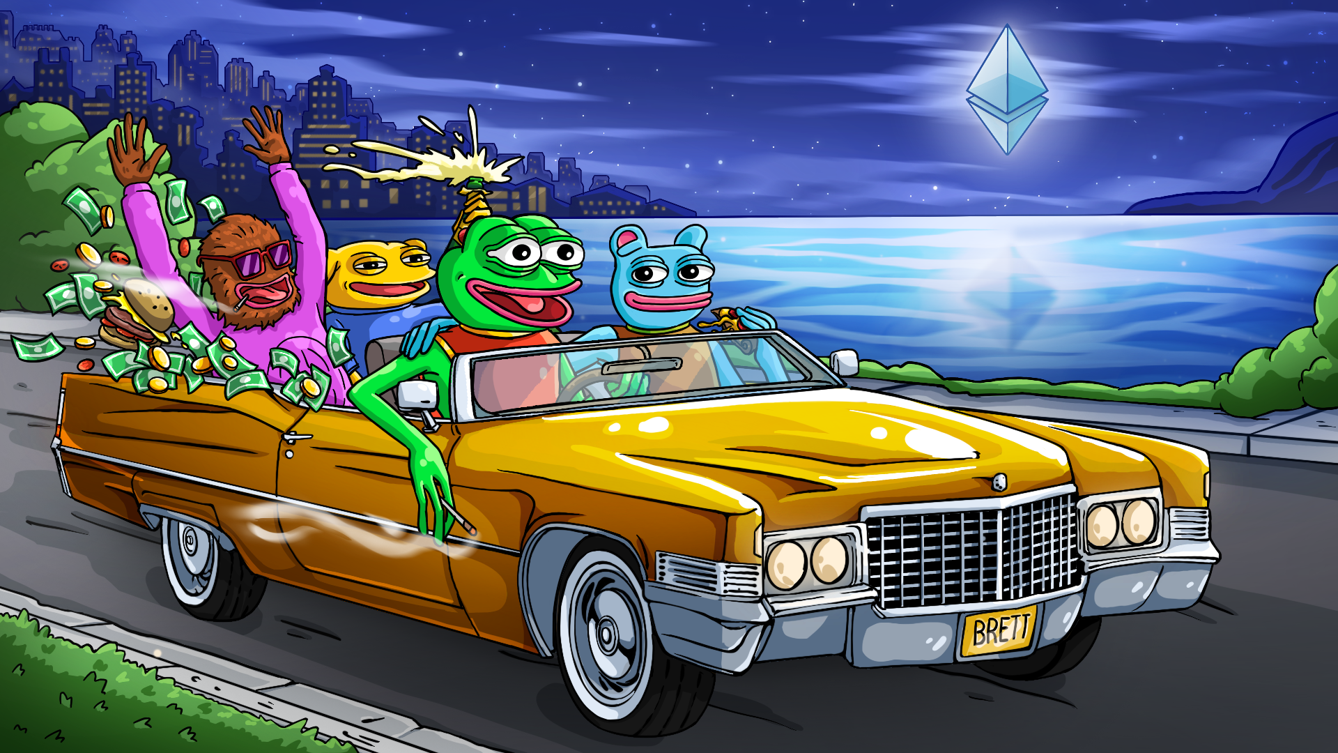 BRETT — Web3 Meme Coin Mascot & Illustration Project 🚀 andy boys club branding brett cartoon comic crypto crypto art crypto design crypto illustration ethereum header illustration illustrator landwolf matt furie meme meme coin memecoin pepe