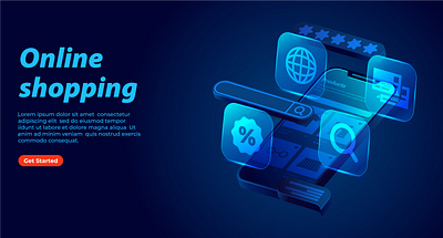 Online shopping 3D isometric 3d blue buy discount e commerce feedback isometric landing page online search shopping smartphone store tech technology web web banner