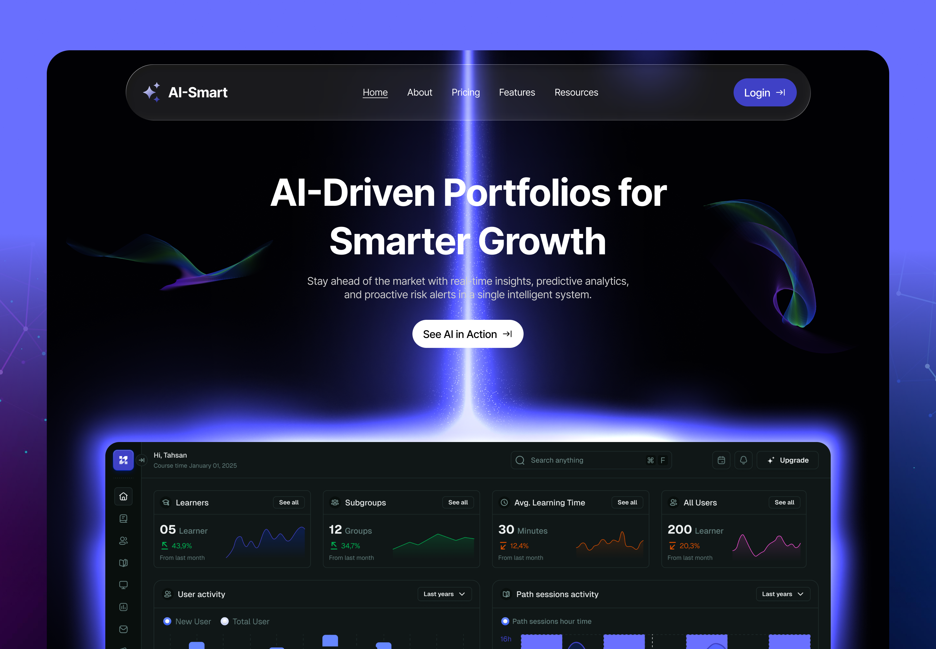 AI-Smart — Portfolio Website aidashboard aiproduct analyticsdashboard darkui dashboarddesign datavisualization designconcept digitalproduct dribbbleshot fintechdesign interfacedesign investmentapp productdesign saasdesign ui uiinspiration uiuxdesign uxthinking uxui webappdesign