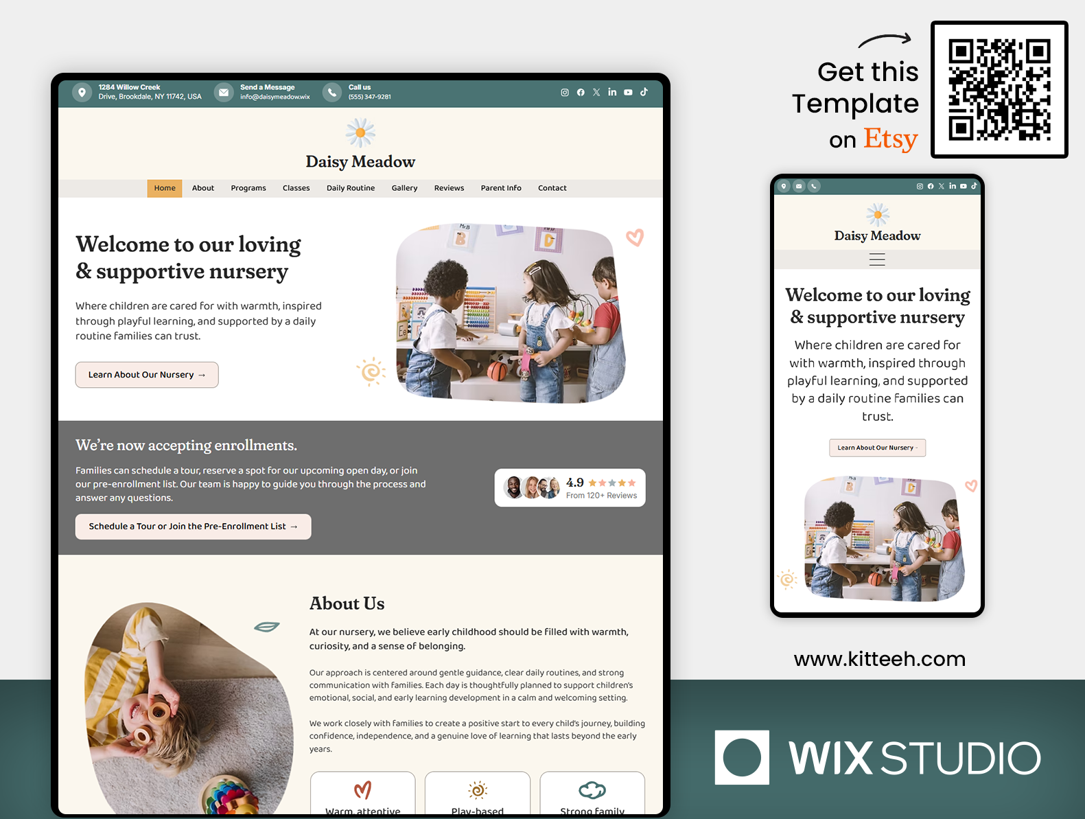 Nursery & Daycare - Wix Studio Website Template childcare center layout childcare startup design childcare wix studio classes programs page daily routine schedule early childhood education early learning center enrollment information site gallery testimonials wix home daycare template kid friendly design montessori daycare wix no code nursery template nursery daycare template nursery school site parent resources page play based learning preschool website design private preschool site responsive childcare website