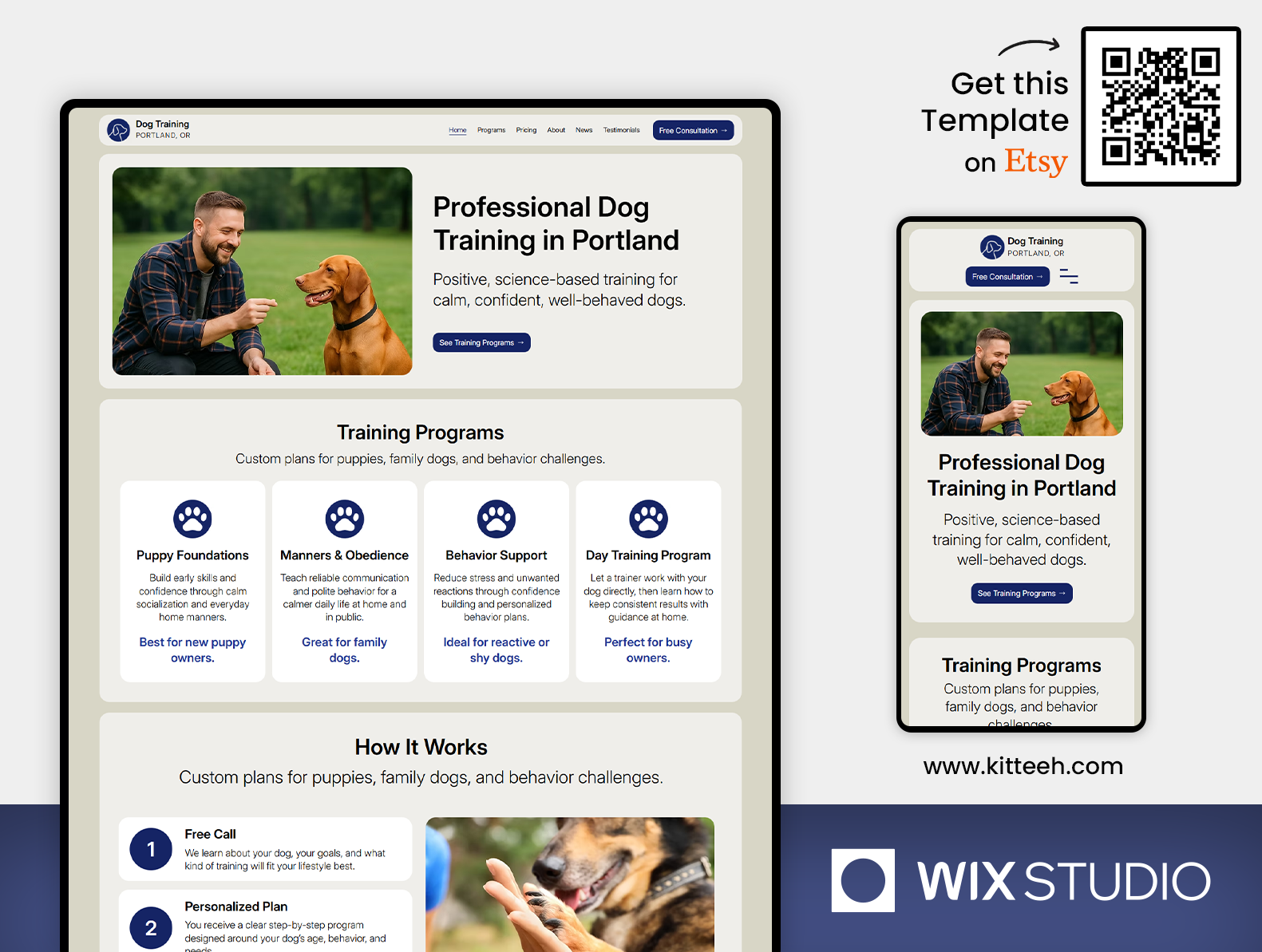 Dog Training - Wix Studio Website Template behavior coaching wix booking form template canine enrichment site clicker training wix dog trainer site dog training template dog workshop events fear free training mobile dog trainer obedience training layout positive training design professional trainer bio puppy school website reactivity coach template responsive pet coach website science based trainer service areas design success stories layout training blog wix trick training instructor