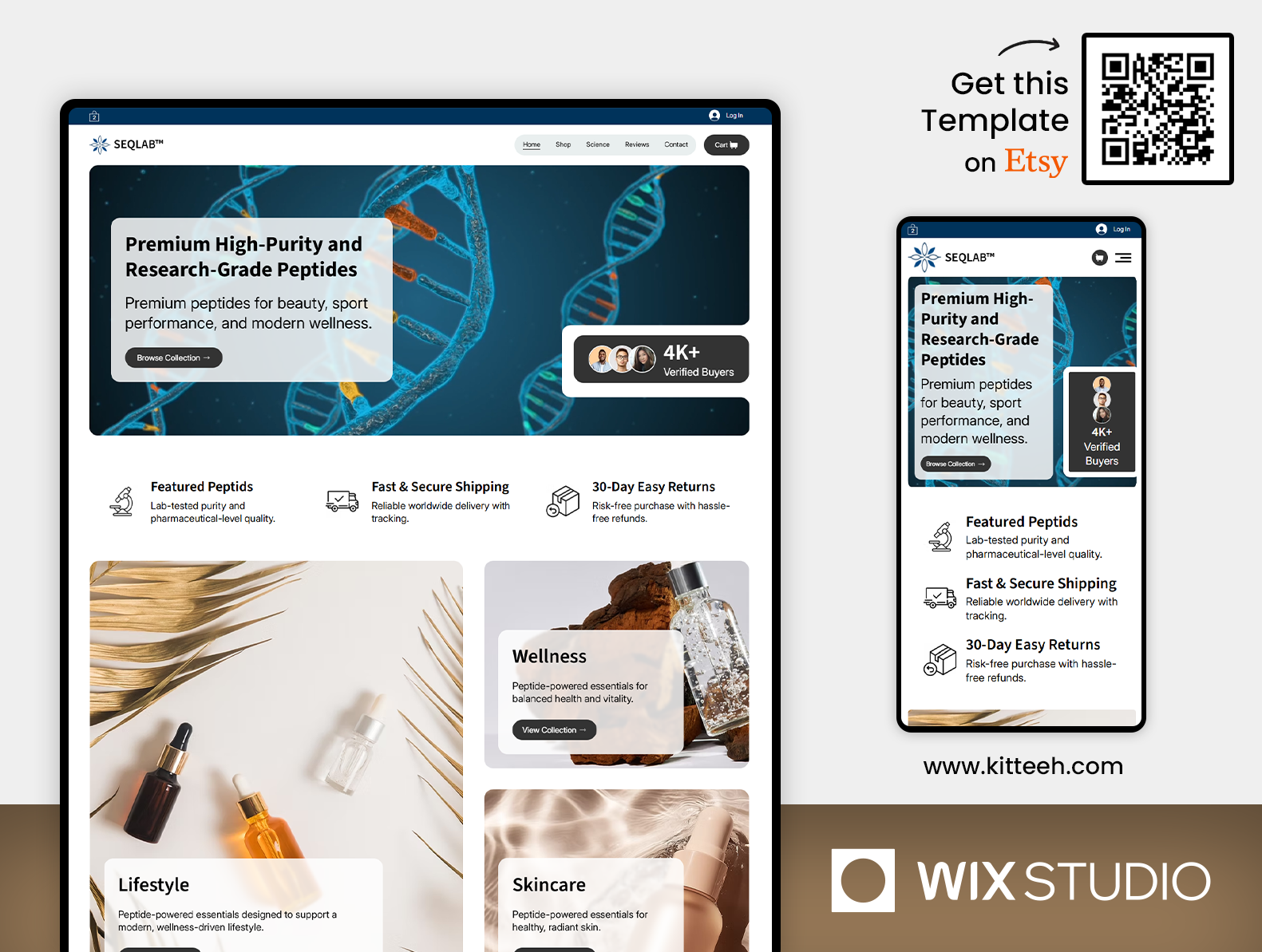 Peptide / Serum Products Webshop - Wix Studio Website Template anti aging serum biohacking shop design clean label beauty cms testimonials cosmetic product seller dermo cosmetic brand dynamic product pages functional health store high purity ingredients iv therapy storefront lab grade design nutraceutical ecommerce peptide ecommerce template responsive wellness site science beauty layout self care ecommerce sidecart interface skincare store wix supplement online shop wellness brand site