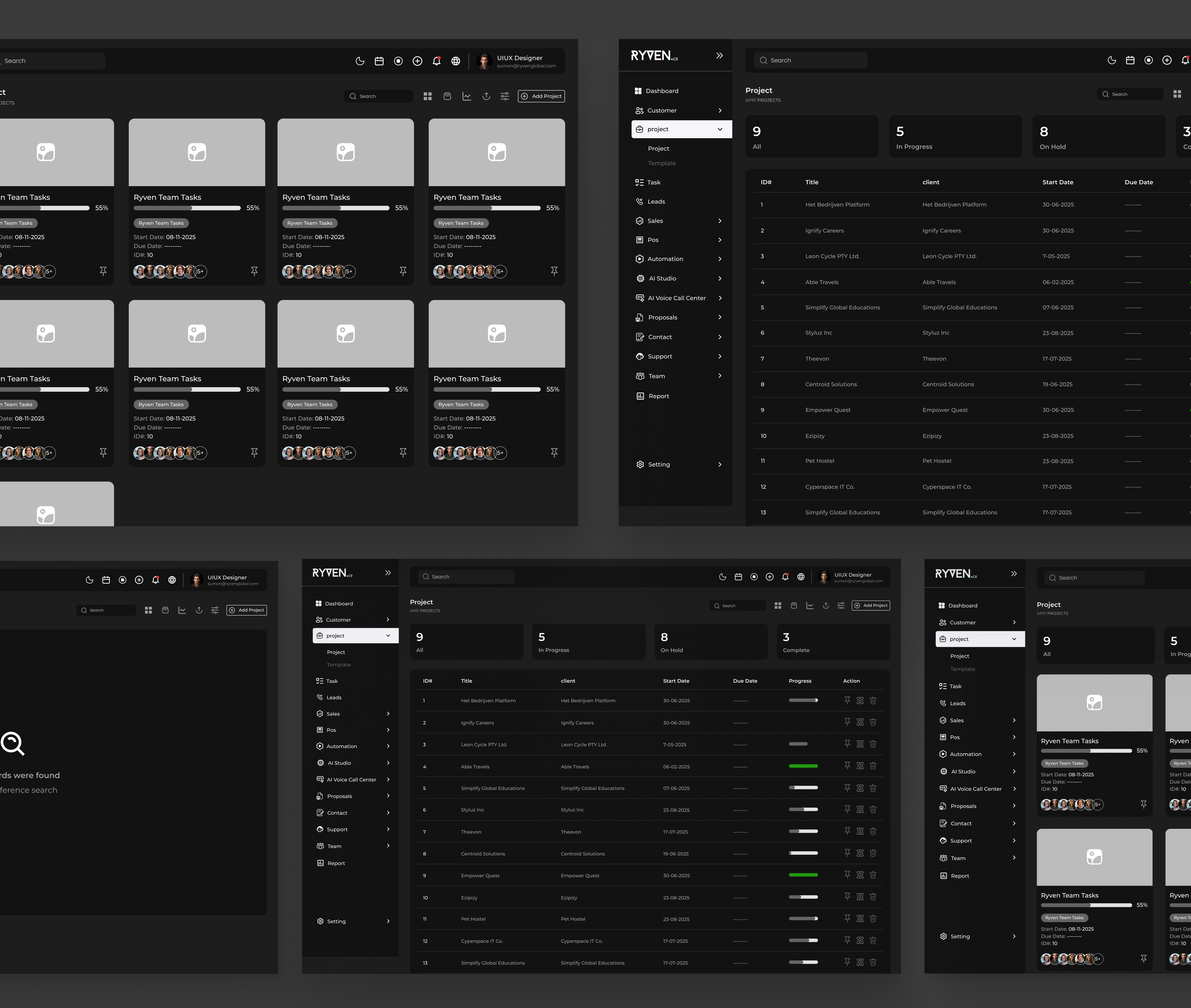 Ryven CRM – Project Management Dashboard (Dark Mode) clientmanagement crmdesign crmprojects darkmodeui dashboardui projectdashboard projectmanagement projectoverview projecttracking saasdesign saasproduct taskmanagement uxuidesign webappdesign