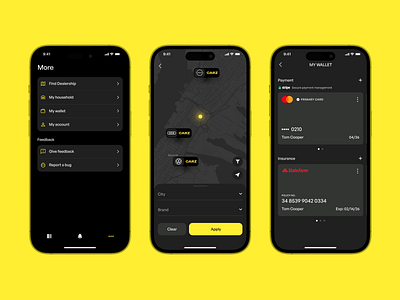 Carz. iOS App dealership design filter flat insurance map mobile more payment ui ux wallet