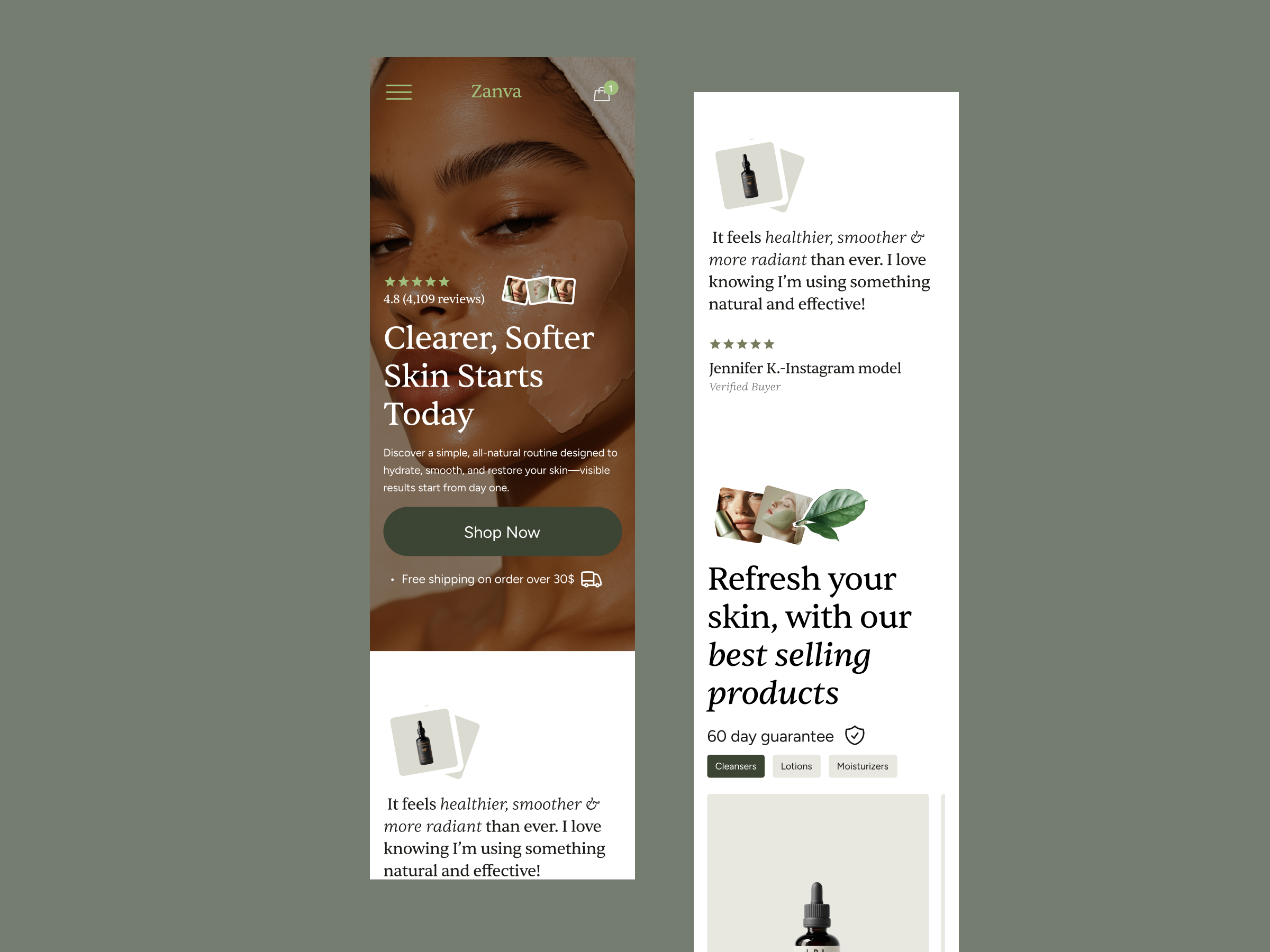 Zanva – Skincare E-Commerce (Mobile Design) checkoutdesign crodesign designer dribbble ecommercedesign ecommercewebsite figma landingpagedesign minimaldesign mobileui productdesign productpage shopifydesign skincare uidesign uxdesign webdesign webflowdesign