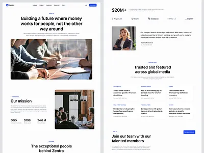 Zentra About Us Page: Trust-Driven Fintech Storytelling about about us company company profile design fintech landing page our team product design saas sv template testimonial trust uiux web web app web design website website design