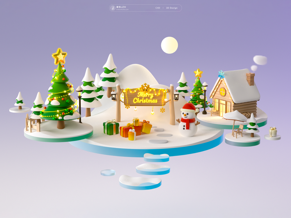 Christmas 3D Poster Design - C4D 3d 3d scene c4d christmas christmas lights christmas tree forest gifts holiday octane poster snowing snowman winter wooden cabin