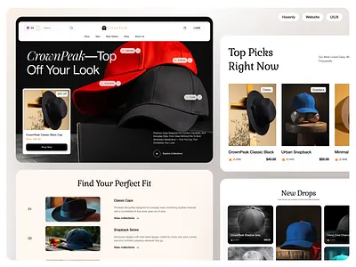 CrownPeak — Streetwear Hat & Accessories Website accessories apparel cap design clothing brand ecommerce fashion website hat store headwear hero section landing page mehbubur rahman minimal ui online shop retail design shopping streetwear uiux urban style website website design