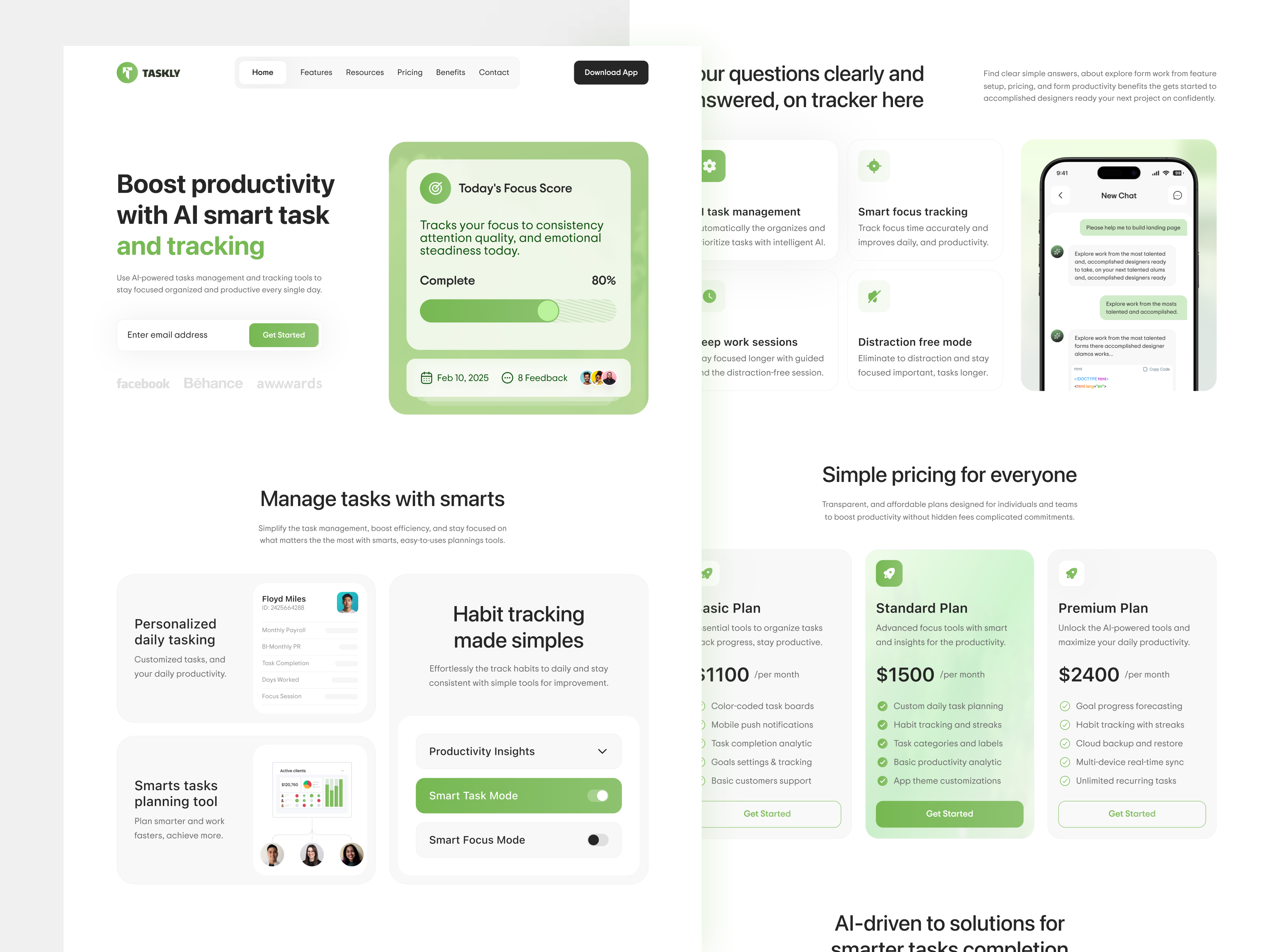 Taskly – AI Smart Task Management App Landing Page automation design clean landing apge digital productivity faq features footer hero section landing page design modern landing page pricing productivity responsive design revew saas landing page services smart tasks ssas design taskly taskmanagement web ui