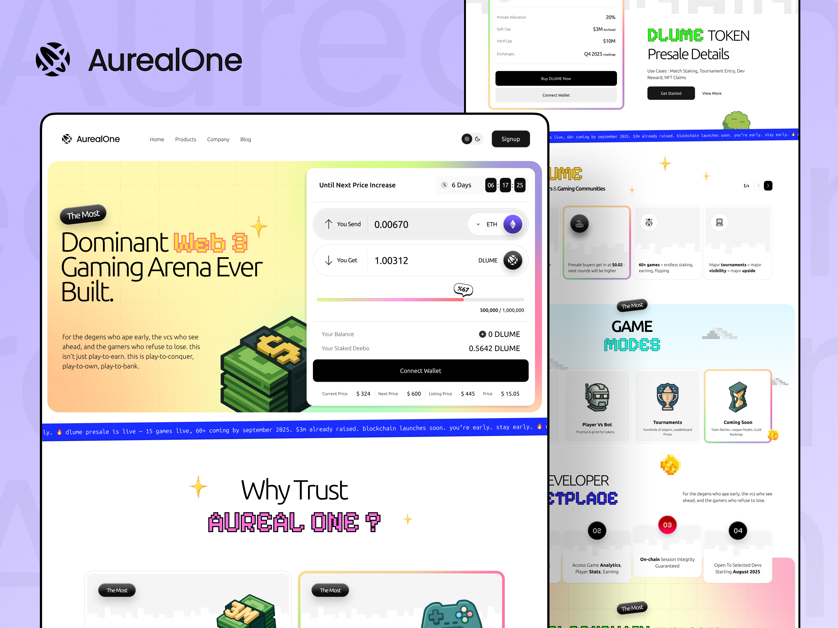 Web3 Gaming Platform UI – AurealOne app blockchain buy card crypto design exchange game header landing market pixelart trend ui uidesign uiux wallet web web3 website