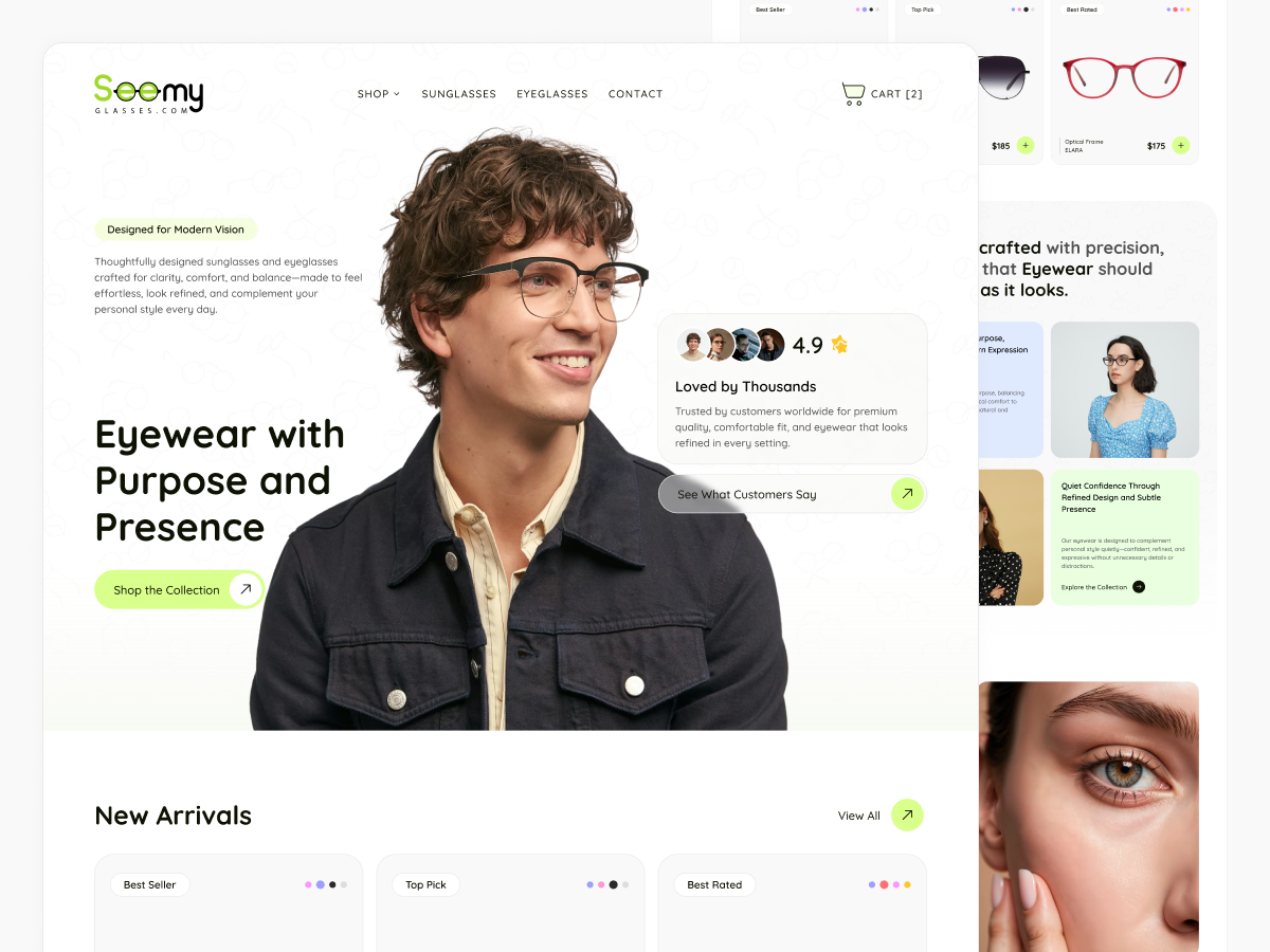 Luxury Eyewear E-commerce Website brand website ecommerce website editorial design eyeglasses website eyewear ecommerce eyewear website fashion ecommerce fashion web design luxury brand website luxury ecommerce minimal web design modern website premium website design product website sunglasses website typography focused design ui design ux design woocommerce design wordpress website