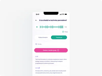 Audio Transcription App — Transcript Mobile Ap UI, Audio to Text audio audio player clean design copy download learning mobile app recording search transcipt ui ux