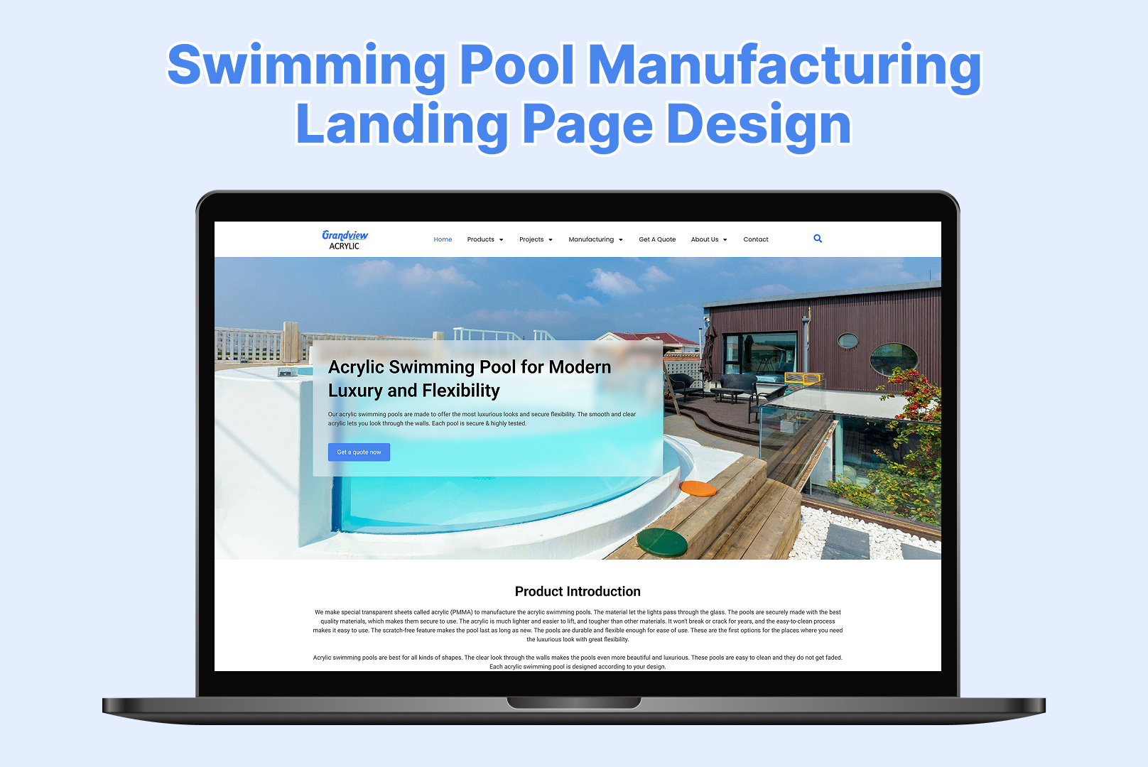 Manufacturing Landing Page Design - Grandview Acrylic acrylic architecture b2b website clean ui construction corporate desktop figma home improvement industrial design landing page layout luxury manufacturing minimalist swimming pool ui ux design visual design web design website redesign